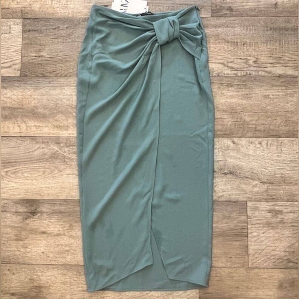 ZARA Blogger Fave Sea Green Front Wrap Midi Skirt Knot Detail NWT - Picture 15 of 16